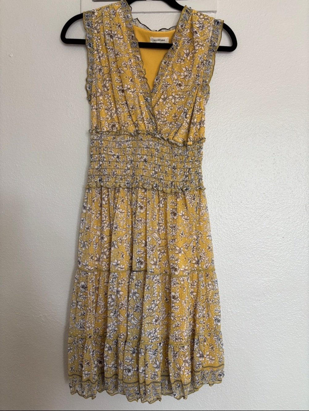 Velvet Heart Mustard Yellow Floral Midi Dress with Smocked Waist